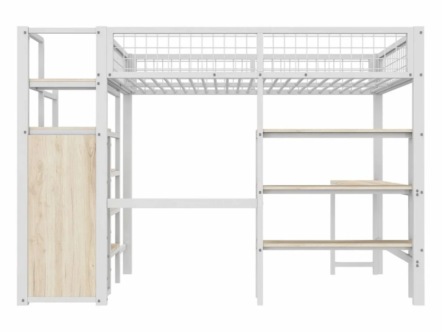 Cama alta 140 x 200 cm con escritorio en L, armario y estantes - Metal + MDF - Somier de láminas - (sin colchón)^Merax Clearance