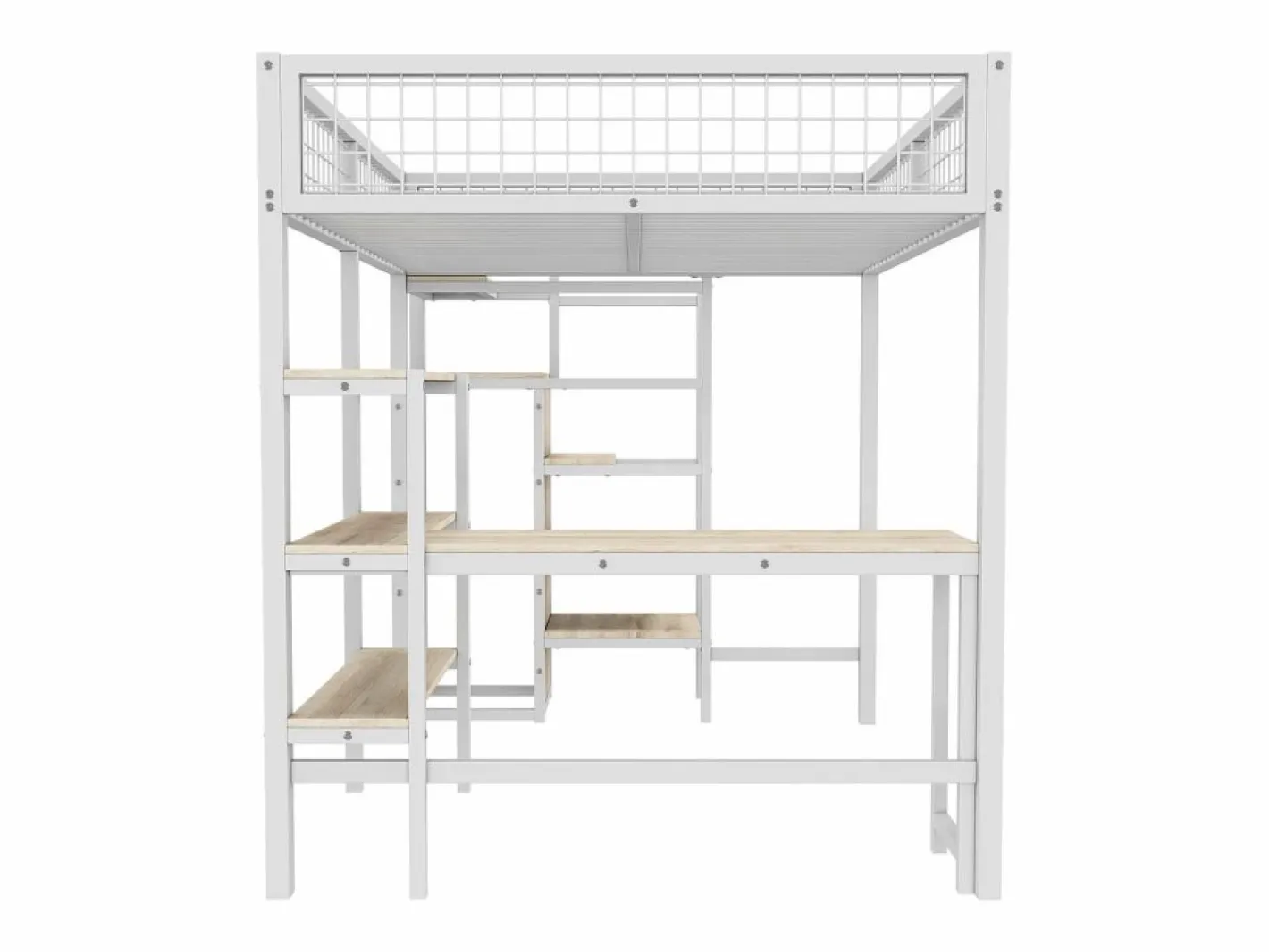 Cama alta 140 x 200 cm con escritorio en L, armario y estantes - Metal + MDF - Somier de láminas - (sin colchón)^Merax Clearance