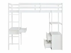 Vente-unique Cama Alta|Cama alta 90 x 190 cm con escritorio y almacenamiento pino y MDF + colchón - KALIZI