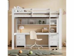 Merax Cama Alta|Cama alta 90 x 200 cm con escritorio, librería, cajones y escalera, madera MDF,