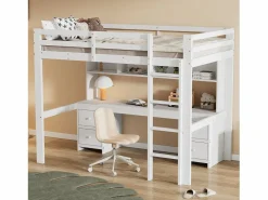 Merax Cama Alta|Cama alta 90 x 200 cm con escritorio, librería, cajones y escalera, madera MDF,