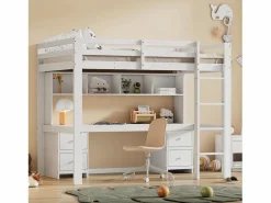 Merax Cama Alta|Cama alta 90 x 200 cm con escritorio, librería, cajones y escalera, madera MDF,