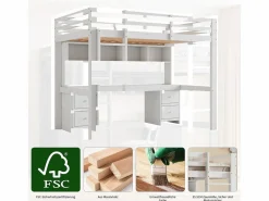 Merax Cama Alta|Cama alta 90 x 200 cm con escritorio, librería, cajones y escalera, madera MDF,