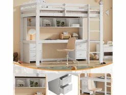 Merax Cama Alta|Cama alta 90 x 200 cm con escritorio, librería, cajones y escalera, madera MDF,
