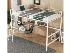 Merax Cama Alta|Cama alta 90 x 200 cm con escritorio en L y estante - Metal + MDF - Somier de láminas - Natural (sin colchón)