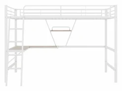 Merax Cama Alta|Cama alta 90 x 200 cm con escritorio en L y estante - Metal + MDF - Somier de láminas - Natural (sin colchón)