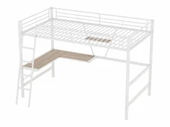 Merax Cama Alta|Cama alta 90 x 200 cm con escritorio en L y estante - Metal + MDF - Somier de láminas - Natural (sin colchón)