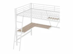Merax Cama Alta|Cama alta 90 x 200 cm con escritorio en L y estante - Metal + MDF - Somier de láminas - Natural (sin colchón)