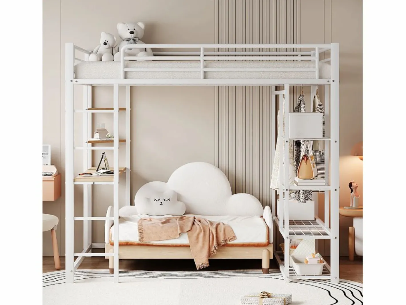 Merax Cama alta 140 x 200 cm con escritorio y estantes de almacenamiento - metal - somier de láminas - (sin colchón) Blanco Hot