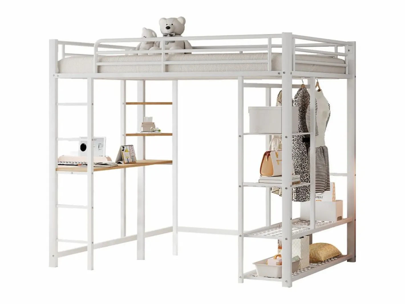 Merax Cama alta 140 x 200 cm con escritorio y estantes de almacenamiento - metal - somier de láminas - (sin colchón) Blanco Hot