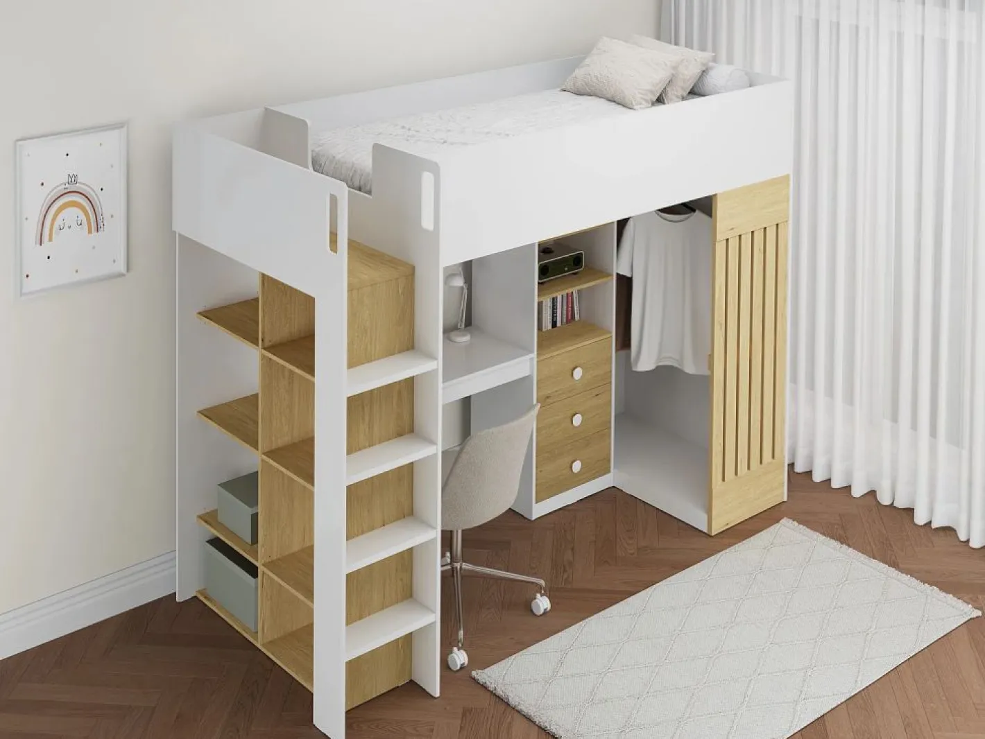 Cama alta 90 x 190 cm con escritorio y armario en color blanco y natural - LORINTI^Vente-unique Outlet