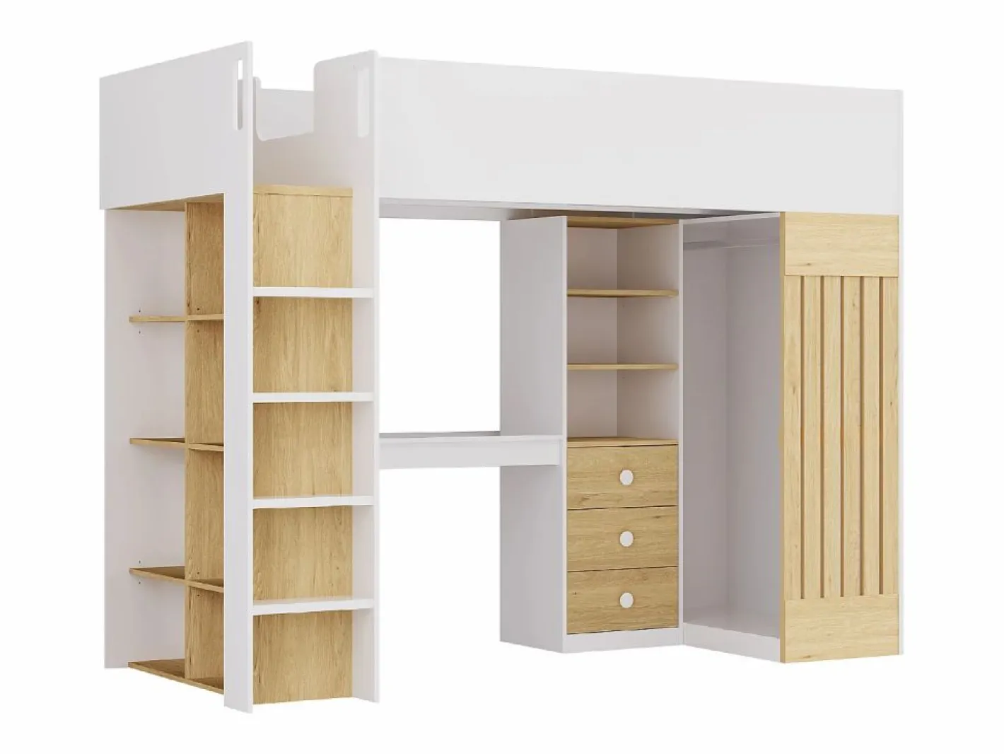 Cama alta 90 x 190 cm con escritorio y armario en color blanco y natural - LORINTI^Vente-unique Outlet