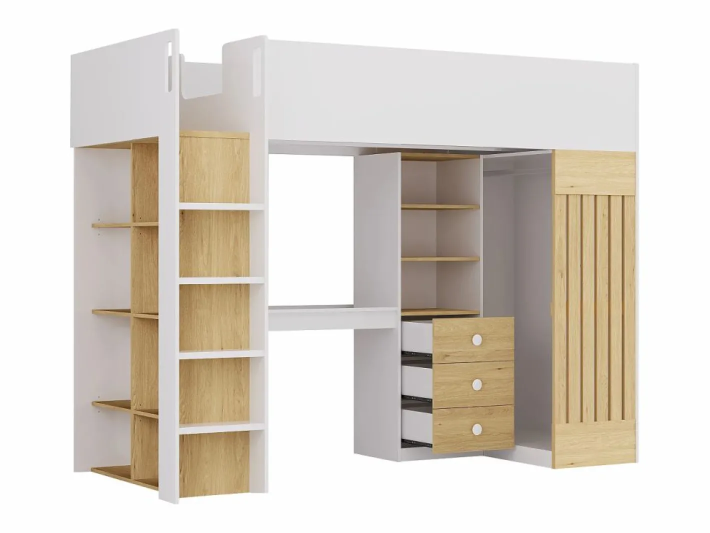 Cama alta 90 x 190 cm con escritorio y armario en color blanco y natural - LORINTI^Vente-unique Outlet