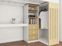 Cama alta 90 x 190 cm con escritorio y armario en color blanco y natural - LORINTI^Vente-unique Outlet