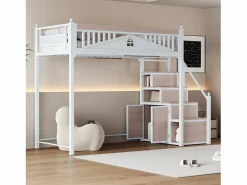 Cama alta 90 x 200 cm con espacio de almacenamiento - Metal + Contrachapado + MDF - Somier de láminas -^Merax