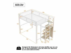 Hauss Spole Cama Alta|Cama alta 140 x 200 cm con estante y armario - Cama infantil de metal y madera - y madera clara