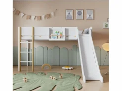 Cama alta 90 x 200 cm con tobogán y estante extraíble, pino+MDF, +natural^Merax Hot