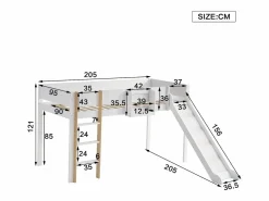 Cama alta 90 x 200 cm con tobogán y estante extraíble, pino+MDF, +natural^Merax Hot