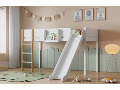 Cama alta 90 x 200 cm con tobogán y estante extraíble, pino+MDF, +natural^Merax Hot