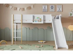 Cama alta 90 x 200 cm con tobogán y estante extraíble, pino+MDF, +natural^Merax Hot