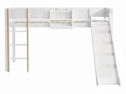 Cama alta 90 x 200 cm con tobogán y estante extraíble, pino+MDF, +natural^Merax Hot