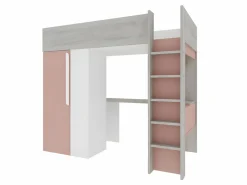 Cama alta armario y escritorio en 90 x 200 cm con colchón Gris blanco y rosa. NICOLAS^Vente-unique Best