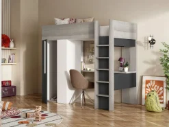 Cama alta armario y escritorio en 90 x 200 cm con colchón Gris blanco y negro NICOLAS II^Vente-unique New