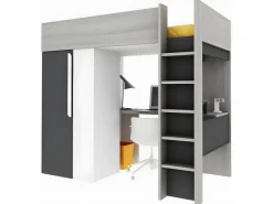 Cama alta armario y escritorio en 90 x 200 cm con colchón Gris blanco y negro NICOLAS II^Vente-unique New
