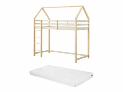 Vente-unique Cama alta cabaña 90 x 190 cm pino macizo y natural + colchón - TARZIA Beige Outlet