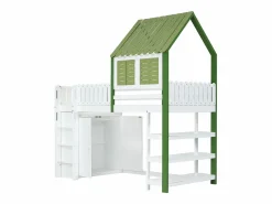 Cama alta, cama infantil cabina 90x200cm con escalera, armario y estantes de almacenamiento, somier de láminas, sin colchón, color blanco y^Hauss Spole Discount