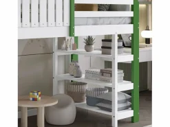Cama alta, cama infantil cabina 90x200cm con escalera, armario y estantes de almacenamiento, somier de láminas, sin colchón, color blanco y^Hauss Spole Discount