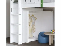 Cama alta, cama infantil cabina 90x200cm con escalera, armario y estantes de almacenamiento, somier de láminas, sin colchón, color blanco y^Hauss Spole Discount