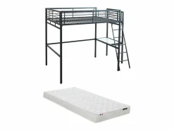Vente-unique Cama alta CASUALII para 2 personas con escritorio, color negro y colchón Gris antracita Outlet