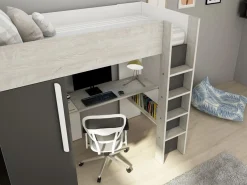 Vente-unique Cama alta con armario y escritorio de 90 x 200 cm natural y antracita - NICOLAS Gris antracita / Color natural claro