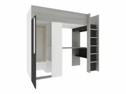 Vente-unique Cama Alta|Cama alta con armario y escritorio en 90 x 200 cm - Gris blanco y negro. NICOLAS