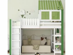 Cama alta con armario y estante, 90 x 200 cm, cama infantil con somier, color Blanco