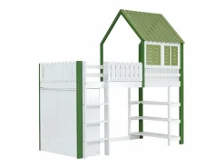 Cama alta con armario y estante, 90 x 200 cm, cama infantil con somier, color Blanco