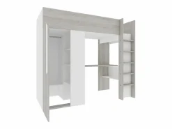 Cama alta con armario y escritorio, 90 x 200 cm, gris natural y blanco - NICOLAS^Vente-unique Online