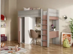Cama alta con armario y escritorio en 90 x 200 cm - Gris rosa y blanco NICOLAS^Vente-unique Online