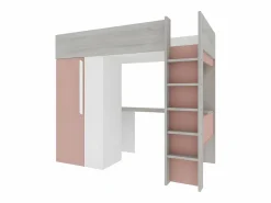 Cama alta con armario y escritorio en 90 x 200 cm - Gris rosa y blanco NICOLAS^Vente-unique Online