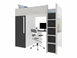 Vente-unique Cama alta con armario y escritorio 90 x 200 cm natural y antracito + colchón - NICOLAS Gris antracita / Color natural claro Online