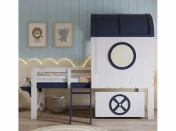 Cama alta de 90 x 200 cm - Cama infantil con escalera y cajones - Blanca y azul oscuro - Sin colchón Blanco Online