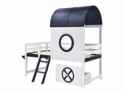 Cama alta de 90 x 200 cm - Cama infantil con escalera y cajones - Blanca y azul oscuro - Sin colchón Blanco Online