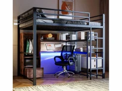 Cama alta de 140 x 200 cm - Cama juvenil con armario y escritorio - Negra - Sin colchón Negro Hot