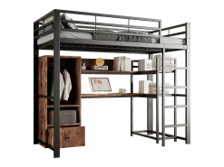 Cama alta de 140 x 200 cm - Cama juvenil con armario y escritorio - Negra - Sin colchón Negro Hot