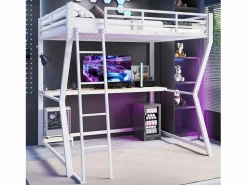 Cama Alta|Cama alta de 140 x 200 cm - Cama para adultos con iluminación LED y USB, escritorio - - colchón no incluido