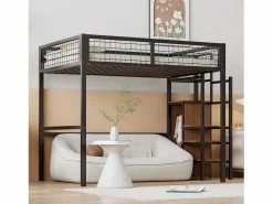 Cama alta de 140 x 200 cm - con estantes y somier - metal - colchón no incluido Negro Sale