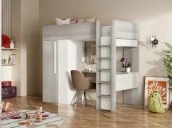 Vente-unique Cama Alta|Cama Infantil|Cama alta de 90 x 200 cm con armario y escritorio en gris natural y blanco + colchón - NICOLAS