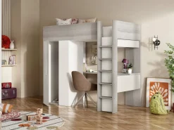 Vente-unique Cama Alta|Cama Infantil|Cama alta de 90 x 200 cm con armario y escritorio en gris natural y blanco + colchón - NICOLAS