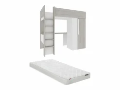 Vente-unique Cama Alta|Cama Infantil|Cama alta de 90 x 200 cm con armario y escritorio en gris natural y blanco + colchón - NICOLAS